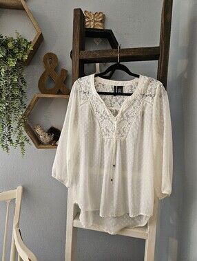 new directions Cream Lace Yoke Swiss Dot Peasant Blouse